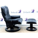 Stressless Danish black leather lounge chair with adjustable table, bearing makers mark, together