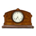 20th century mahogany and walnut mantel clock with marquetry inlaid decoration, on turned metal