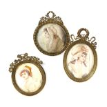Three 19th century portrait miniatures depicting young ladies in bonnets, painted on ivory, each