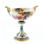 Royal Worcester Hadley Ware twin scroll-handled pedestal vase or sweetmeat dish, painted with
