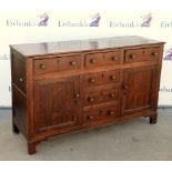 19th century oak sideboard dresser base with 3 short drawers above a row of 2 short drawers, and one