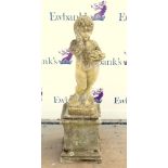 Composite stone statue of a putto holding a basket, on a composite stone plinth base, H112cm