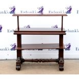 19th century mahogany three tier buffet, on scrolling feet and castors, H104 x W100 x D52cm