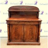 19th century flame mahogany chiffonier, the raised back above a frieze drawers and two cupboards