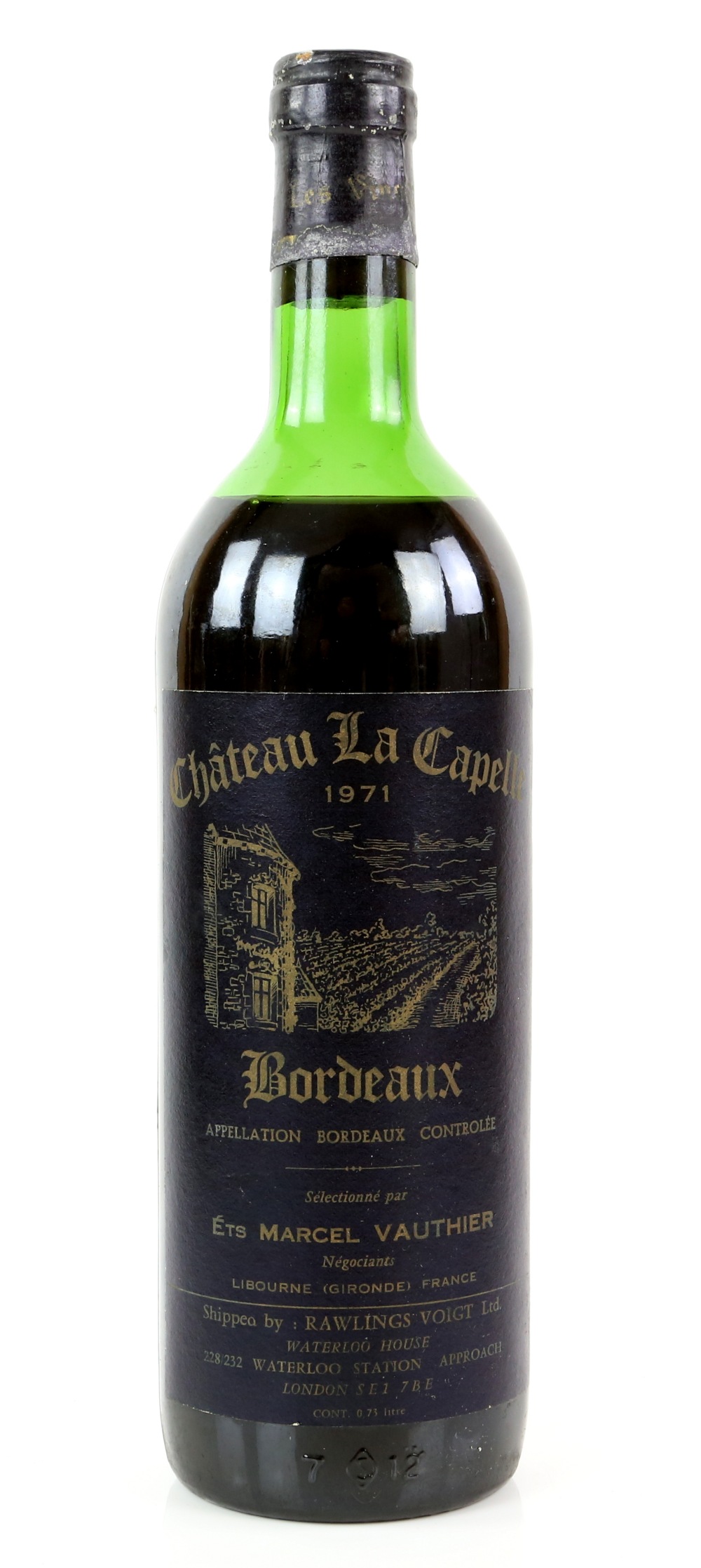 One bottle of Chateau La Capella, Bordeaux red wine, Selectionne par Ets Marcel Vauthier. 1971