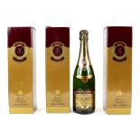 Three bottles of Louis Roederer Brut Vintage Champagne, gold label, boxed, 1993 vintage (3)