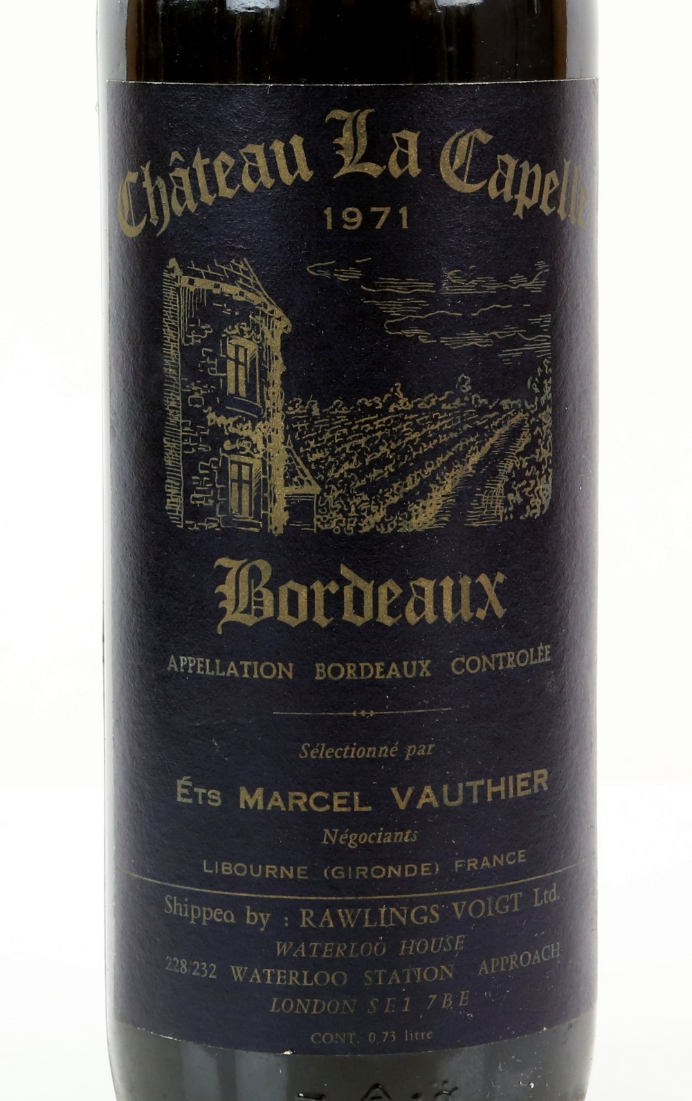 One bottle of Chateau La Capella, Bordeaux red wine, Selectionne par Ets Marcel Vauthier. 1971 - Image 2 of 2