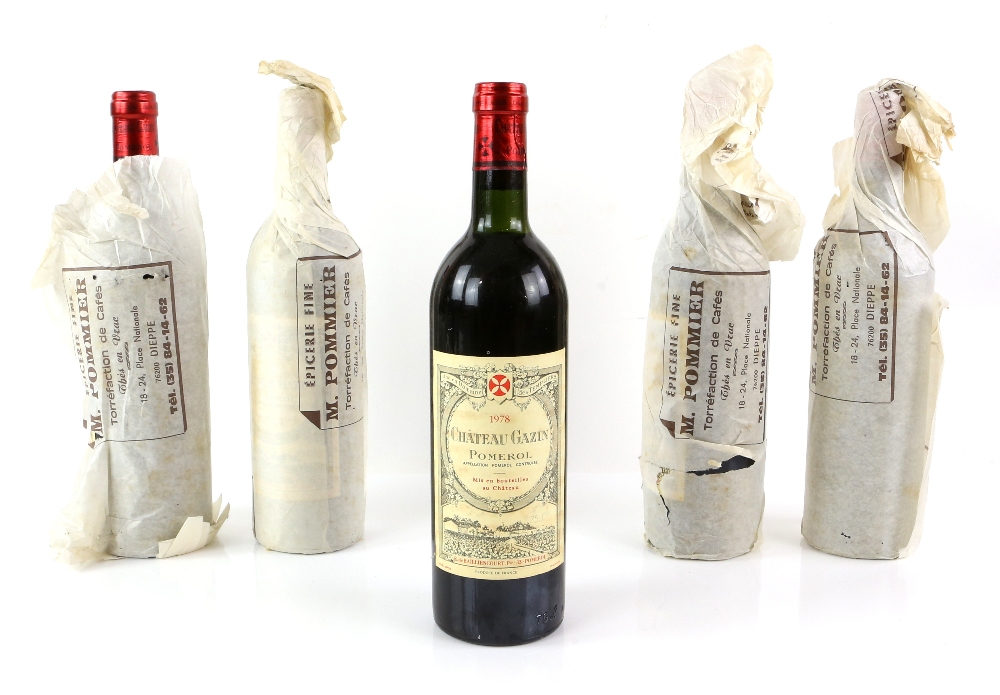 Five bottles of Chateau Gazin, Pomerol red wine, 1978 vintage (5)