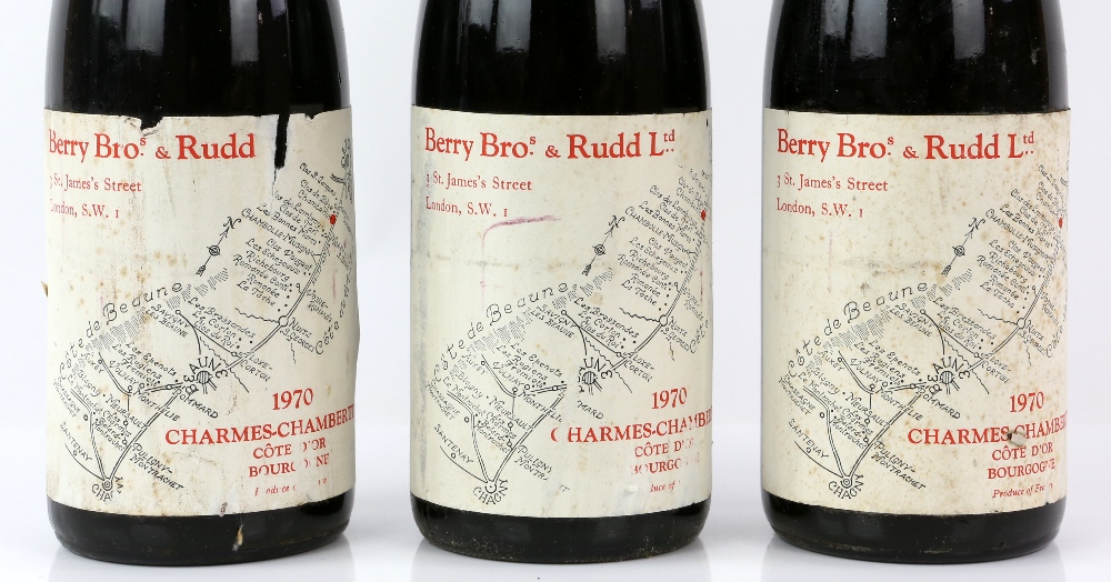 Three bottles of Berry Bros. & Rudd Charmes Chambertin red wine, 1970 vintage (3) - Image 2 of 3
