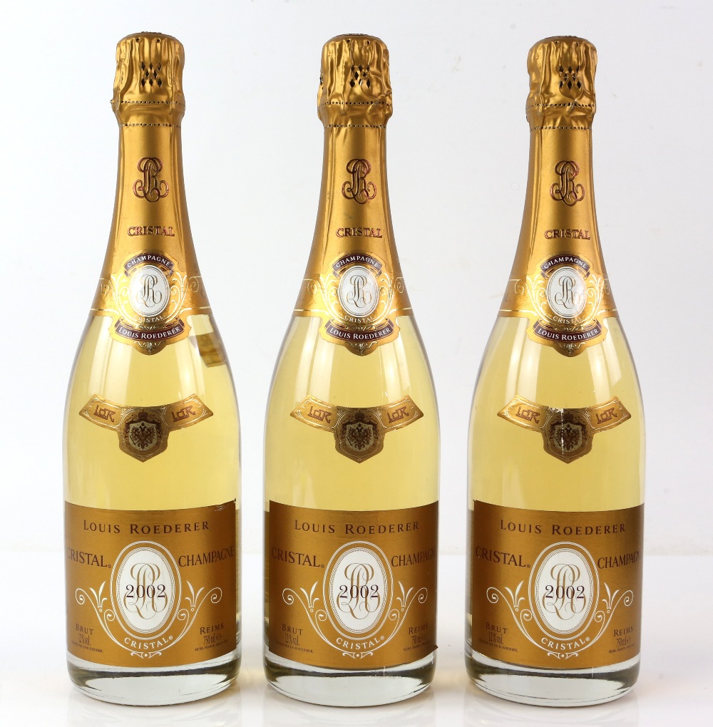 Three bottles of Louis Roederer Cristal Brut Champagne, 2002 vintage (3)