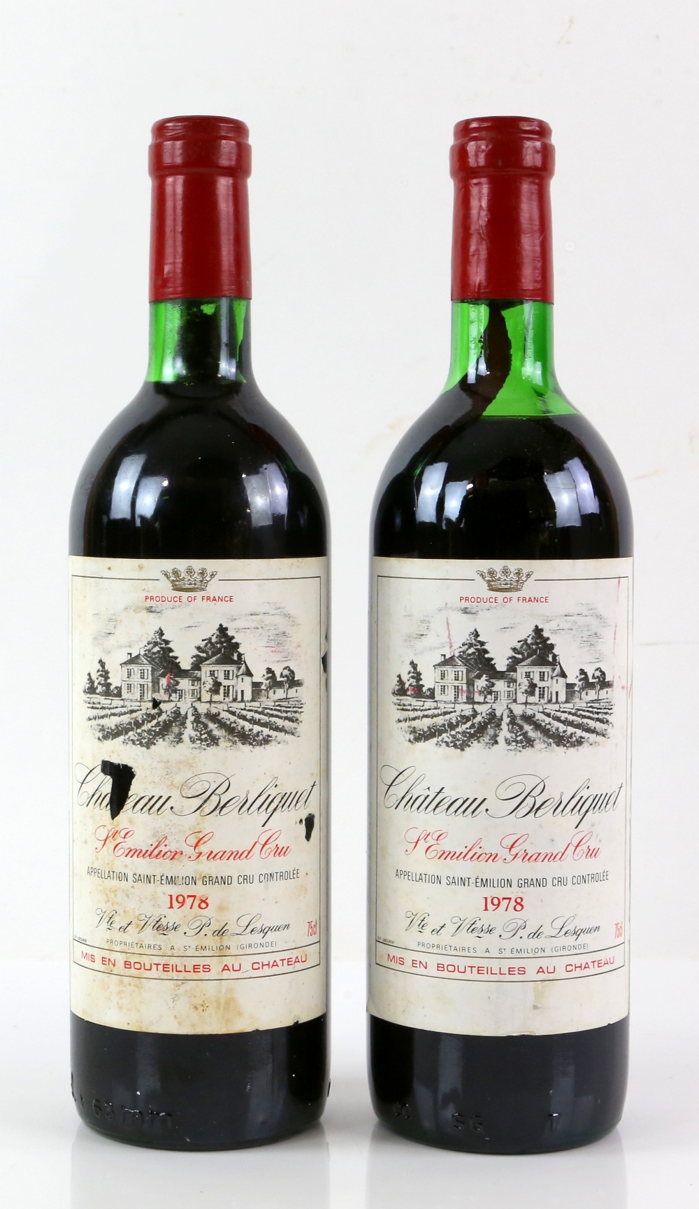 Two bottles of Chateau Berliquet, Saint Emillion Grand Cru red wine, 1978 vintage (2)