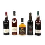 Five bottles of spirits and port to include: one bottle of Larressingle Tres Vieil Armagnac Hors d'