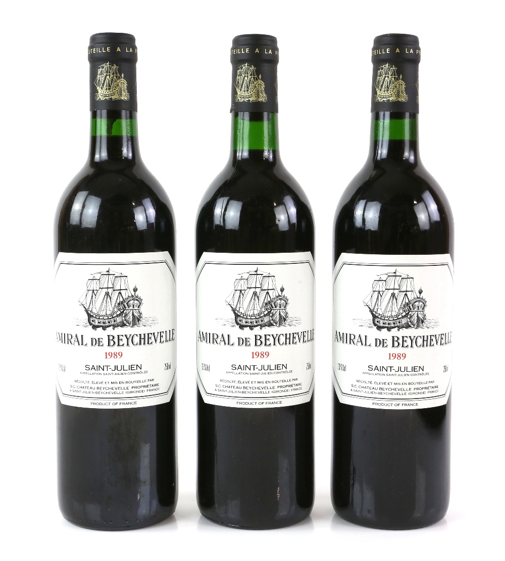 Three bottles of Admiral de Beychevelle, Saint Julien red wine, 1989 vintage (3)