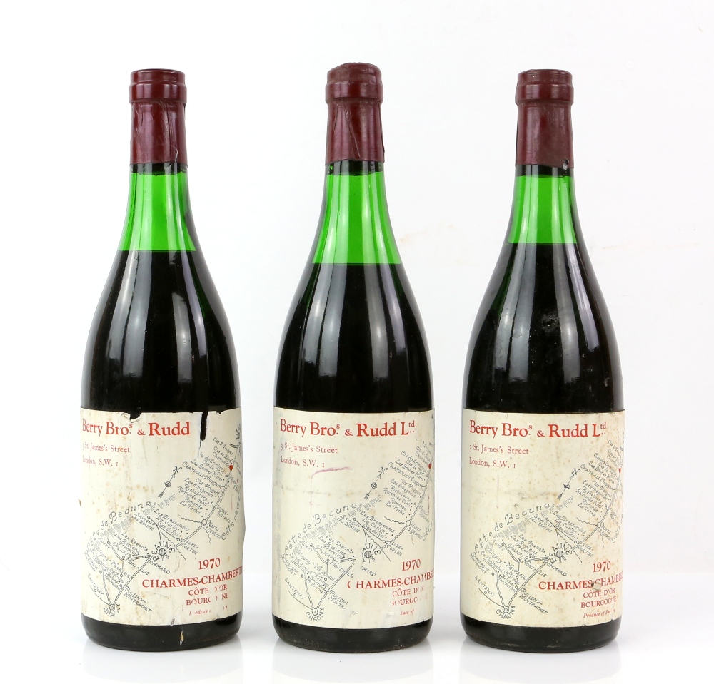 Three bottles of Berry Bros. & Rudd Charmes Chambertin red wine, 1970 vintage (3)