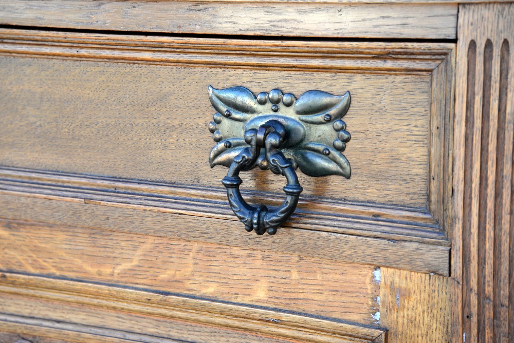 Arts and Crafts / Art Nouveau oak dresser with mirrored back on bun feet, w146 x d54, height base - Image 24 of 36