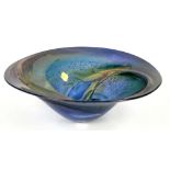 Phil Vickery art glass conch shell bowl, in lustrous blue and green glass with darker inclusions,