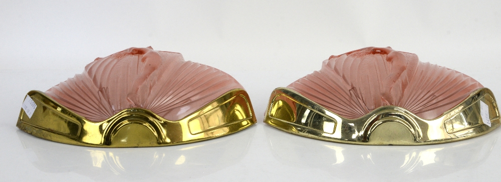 Art Deco style pair of pink glass fan shaped wall lights moulded with female nude with arms - Image 8 of 10