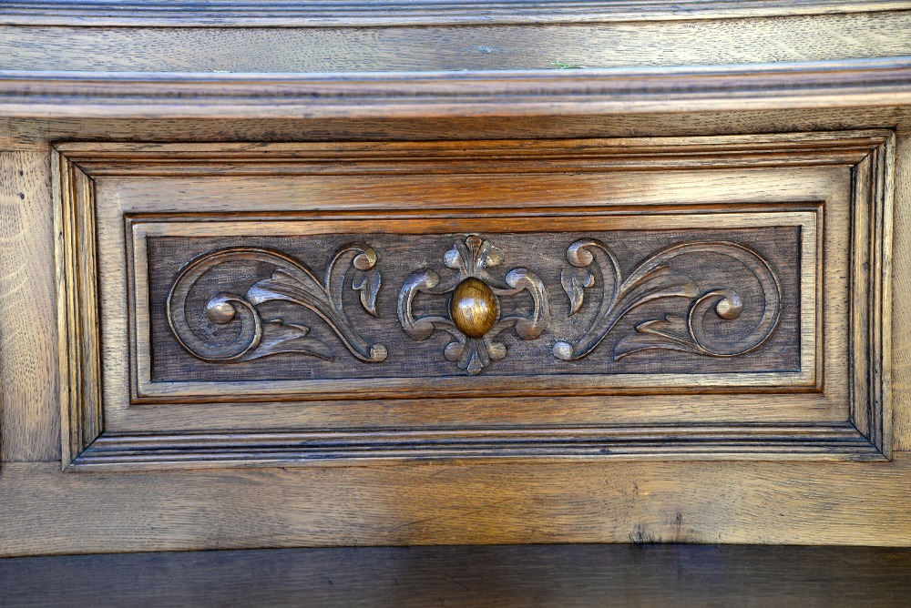 Arts and Crafts / Art Nouveau oak dresser with mirrored back on bun feet, w146 x d54, height base - Image 27 of 36