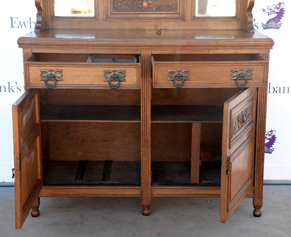 Arts and Crafts / Art Nouveau oak dresser with mirrored back on bun feet, w146 x d54, height base - Image 5 of 36