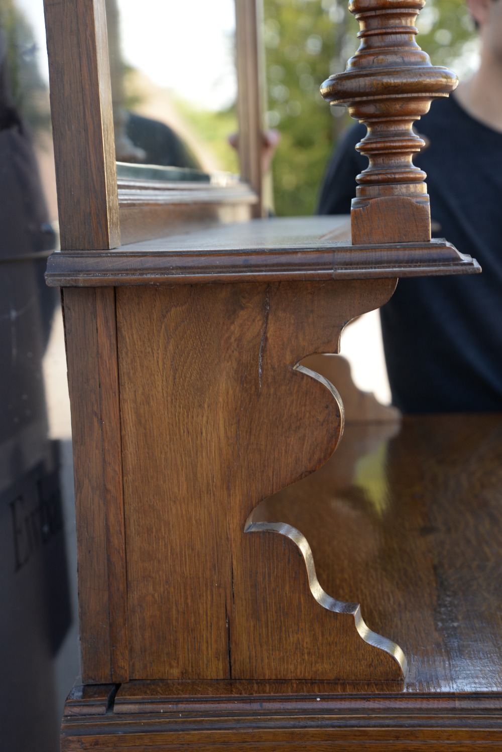 Arts and Crafts / Art Nouveau oak dresser with mirrored back on bun feet, w146 x d54, height base - Image 19 of 36