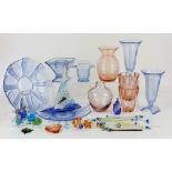 Art Deco pressed glass in pink and blue, to include a pair of blue glass sundae dishes, h21cm, and a