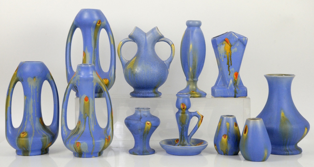 Belgium Pottery, Thulin Faiencerie, two vases in cobalt with ochre drip glaze and orange spots, - Image 24 of 40