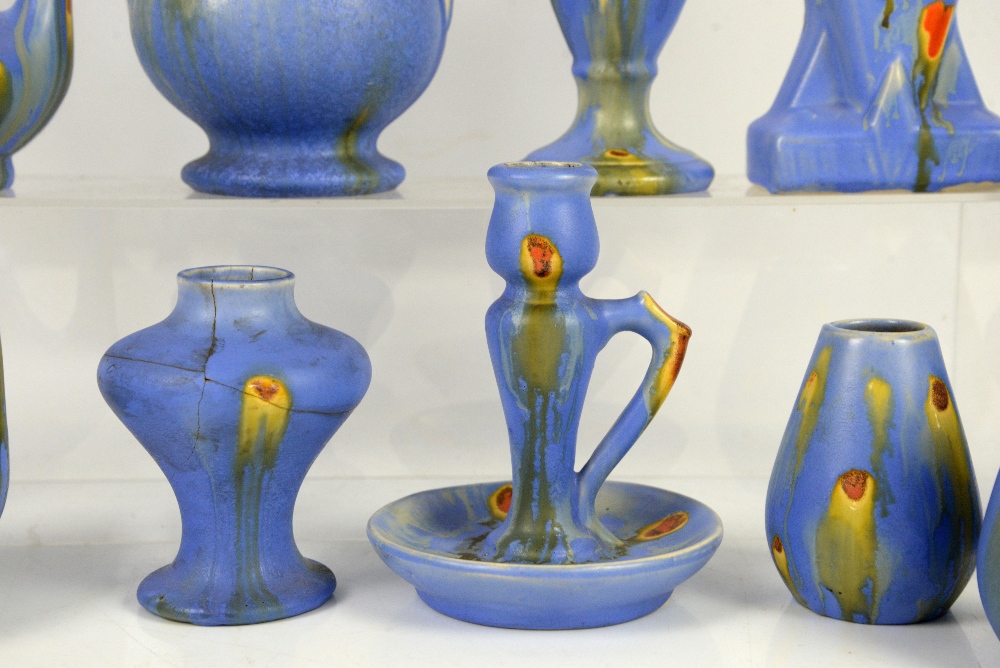 Belgium Pottery, Thulin Faiencerie, two vases in cobalt with ochre drip glaze and orange spots, - Image 34 of 40