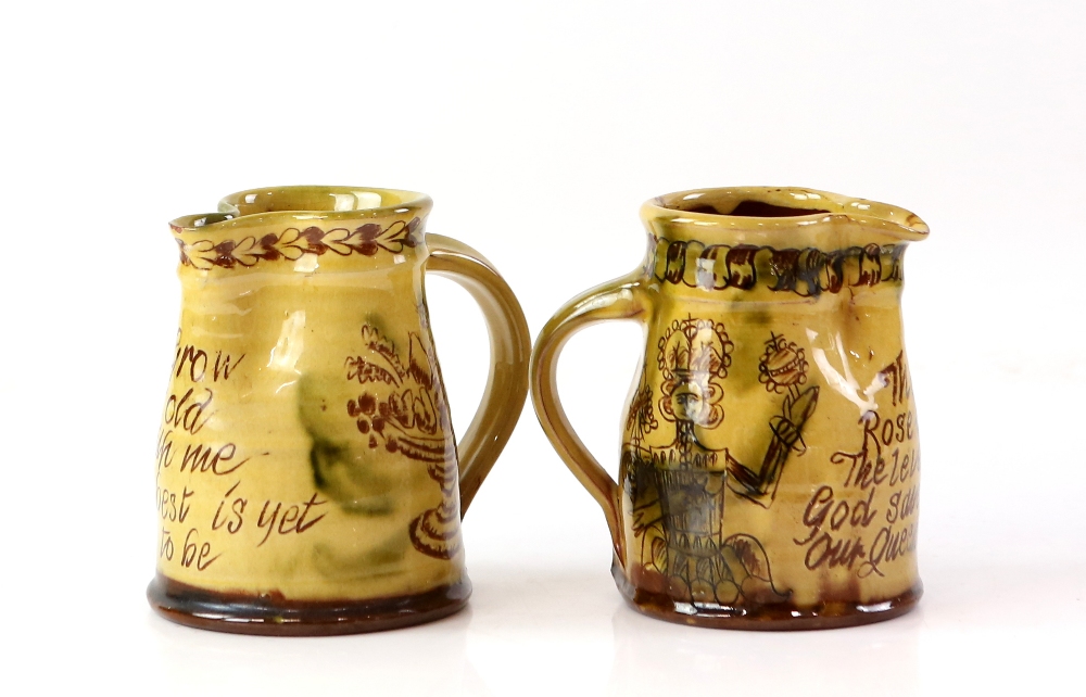 Mary Wondrausch slip decorated pottery pinched spout jugs, one 'Grow old with me The best is yet - Image 3 of 12