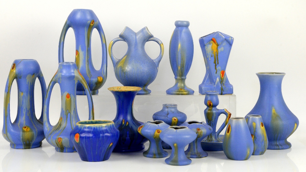 Belgium Pottery, Thulin Faiencerie, two vases in cobalt with ochre drip glaze and orange spots,