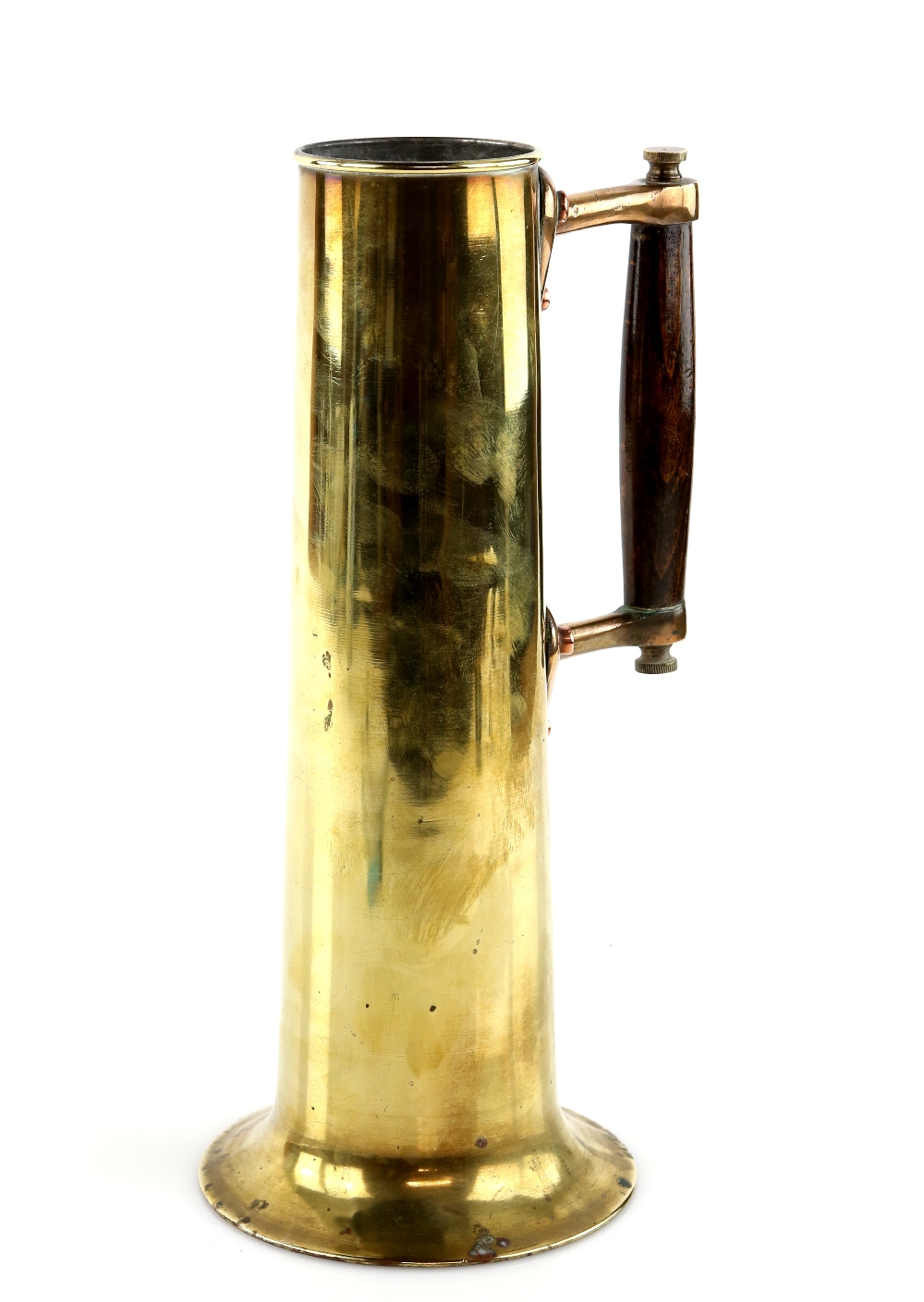 AMENDED DESCRIPTION AND ESTIMATE A brass ewer of cylindrical form with spreading foot, wooden handle - Image 3 of 4