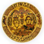 Mary Wondrausch slip decorated pottery charger, 'Charles, Diana, St Pauls 29 July 1981', decorated