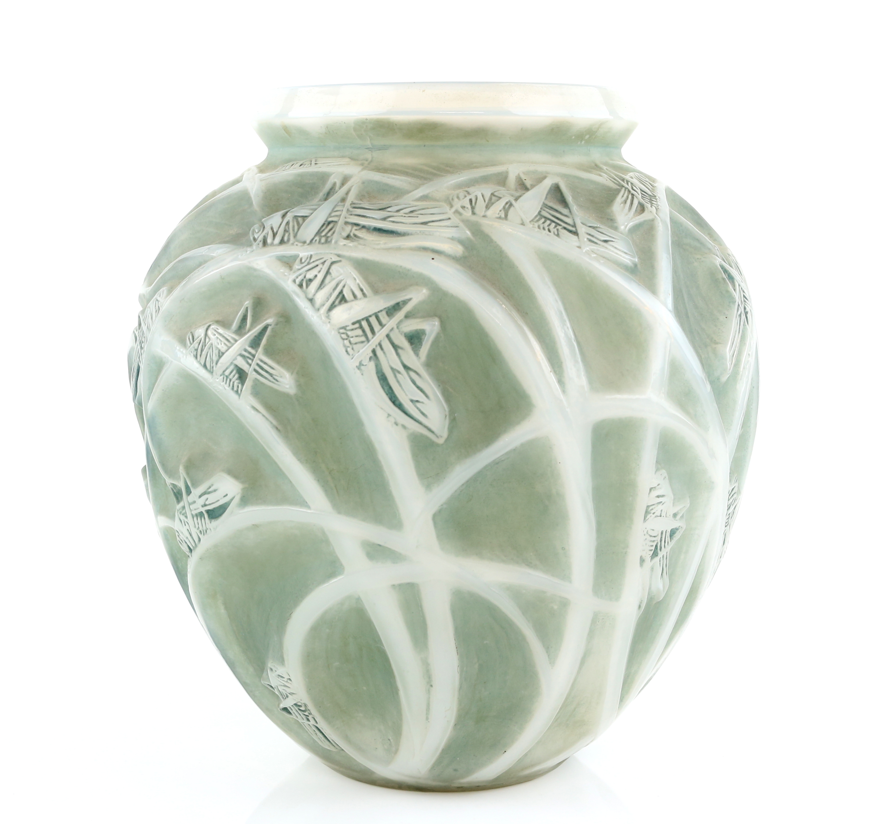 René Lalique Sauterelles (grasshopper) vase, with green patination, early 20th century, etched