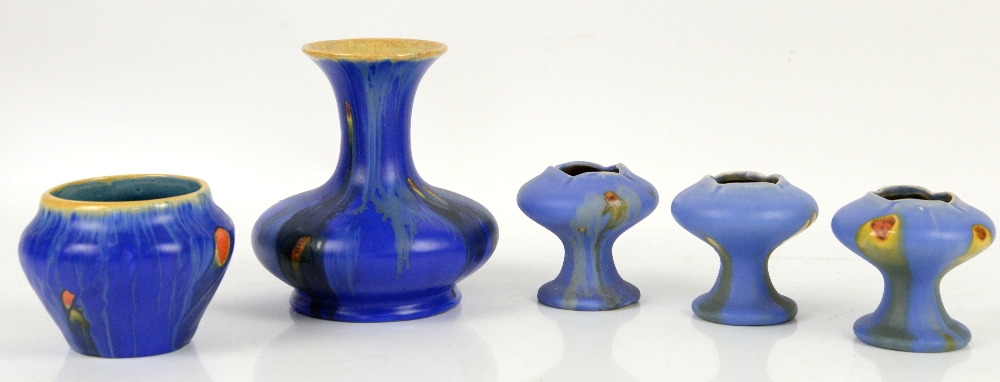 Belgium Pottery, Thulin Faiencerie, two vases in cobalt with ochre drip glaze and orange spots, - Image 18 of 40