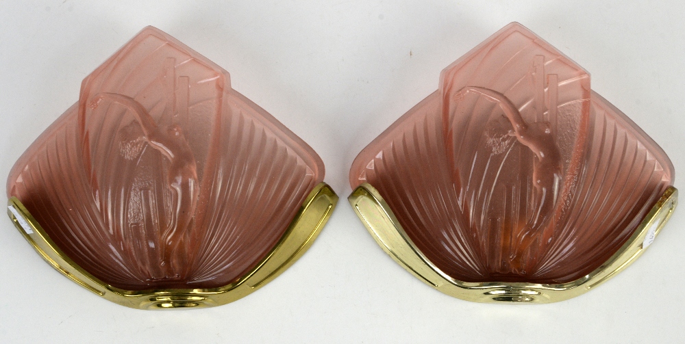 Art Deco style pair of pink glass fan shaped wall lights moulded with female nude with arms - Image 10 of 10