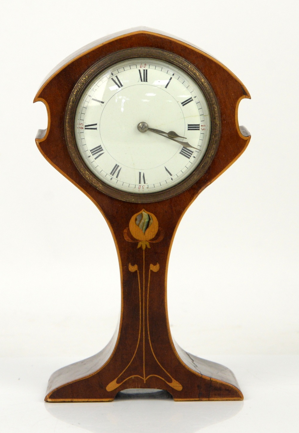 Art Nouveau mahogany mantle clock with a stylised floral motif and satinwood and mother of pearl - Image 2 of 6