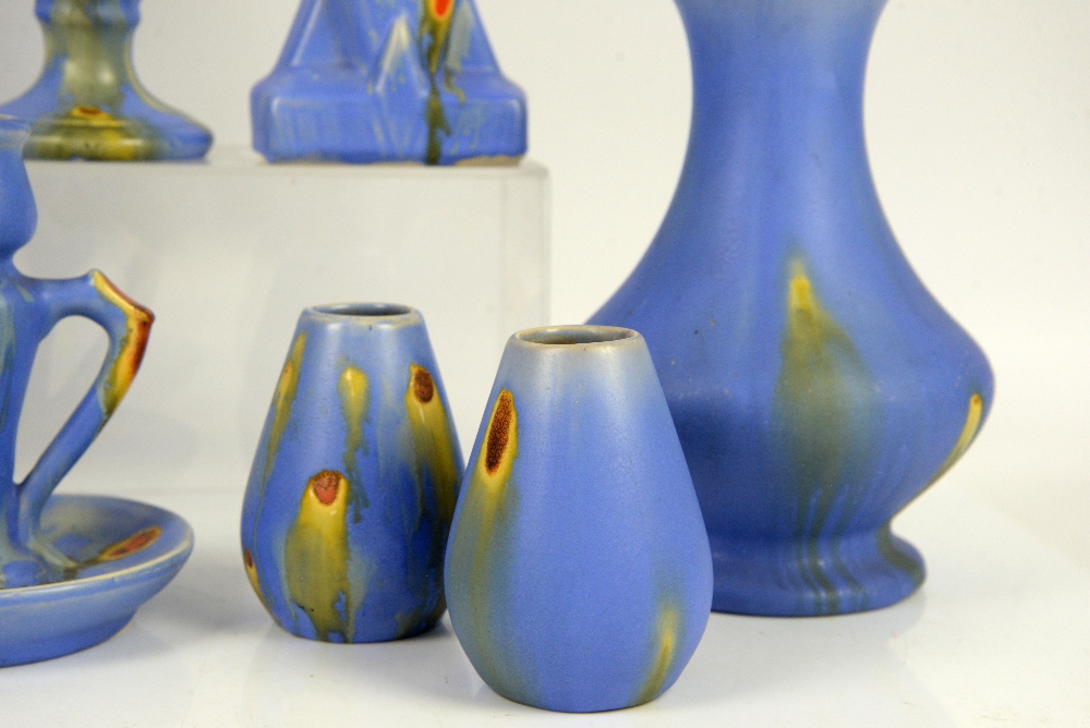Belgium Pottery, Thulin Faiencerie, two vases in cobalt with ochre drip glaze and orange spots, - Image 35 of 40