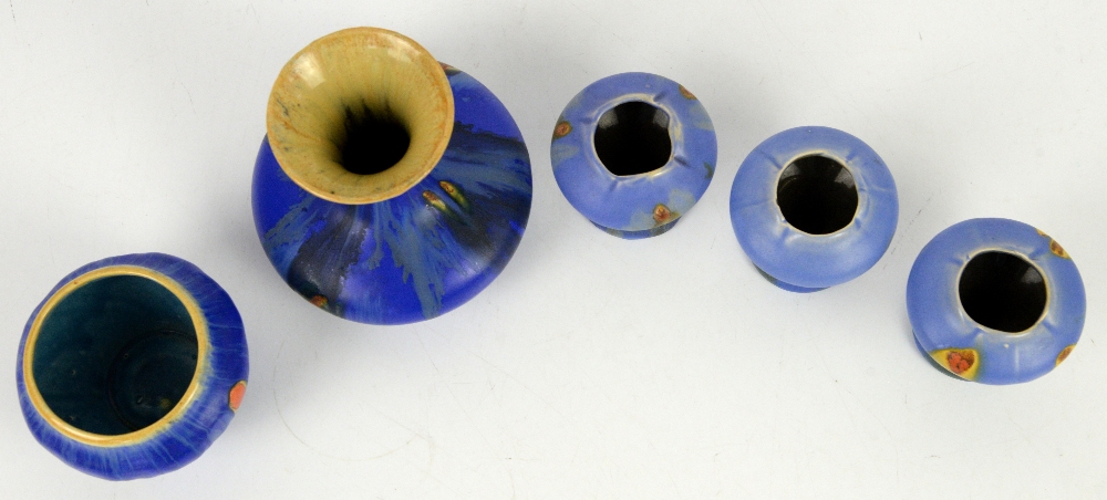 Belgium Pottery, Thulin Faiencerie, two vases in cobalt with ochre drip glaze and orange spots, - Image 19 of 40