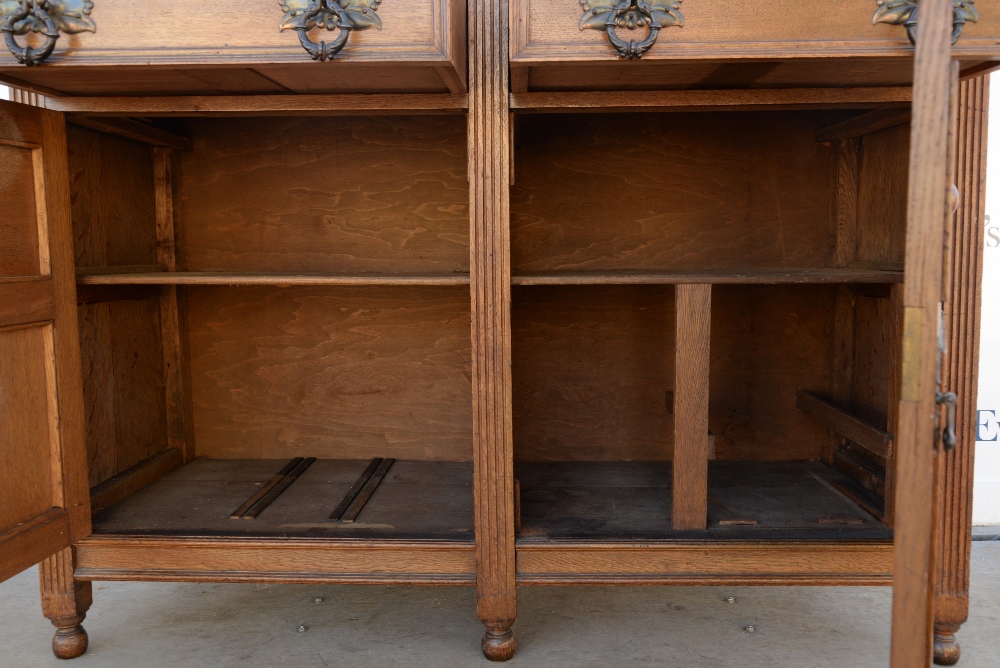 Arts and Crafts / Art Nouveau oak dresser with mirrored back on bun feet, w146 x d54, height base - Image 12 of 36