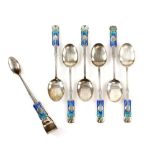 Archibald Knox for Liberty and Co set of six Art Nouveau silver and enamel coffee spoons and a