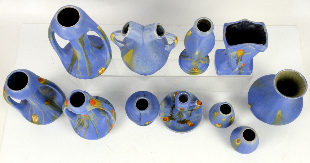 Belgium Pottery, Thulin Faiencerie, two vases in cobalt with ochre drip glaze and orange spots, - Image 27 of 40