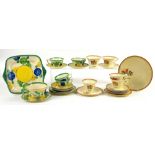 Clarice Cliff Bizarre, Sungay pattern cake plate with blue green and yellow flowers, 24 x 28cm, with