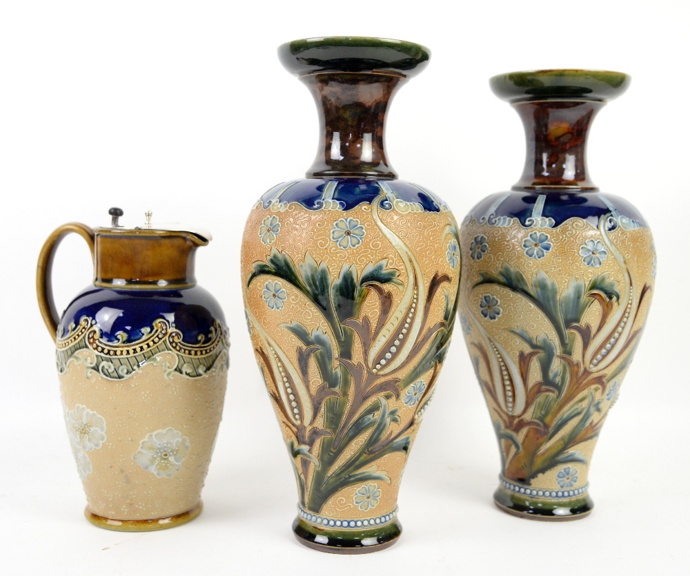 Royal Doulton pair of early 20th century baluster vases, each on a blue and buff ground with