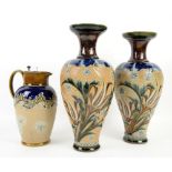 Royal Doulton pair of early 20th century baluster vases, each on a blue and buff ground with