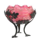 Loetz style centrepiece, pink glass bowl with applied trails and wavy rim, mounted in a metal