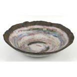 Large studio pottery table centrepiece, in unglazed shades of lilac, blue and green with areas of