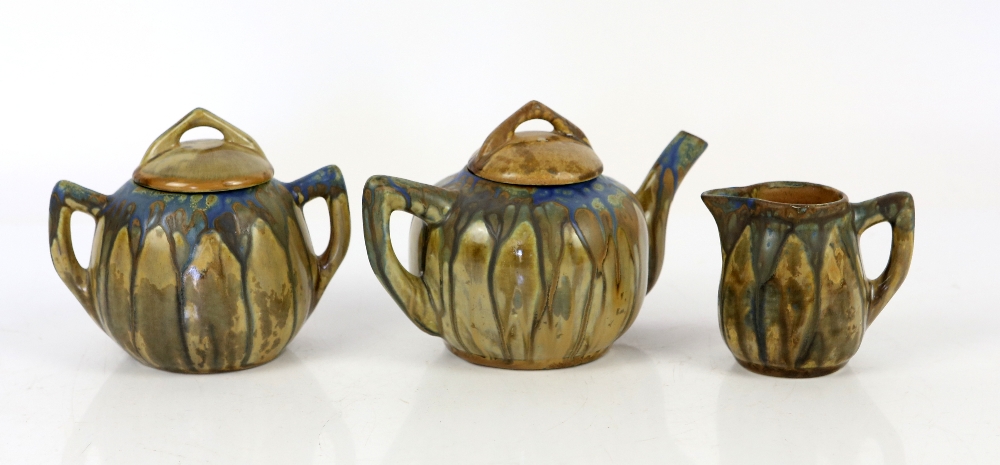 Gilbert Metenier, France, drip glaze teapot, sugar bowl with cover and cream jug, the blue-green - Image 4 of 8