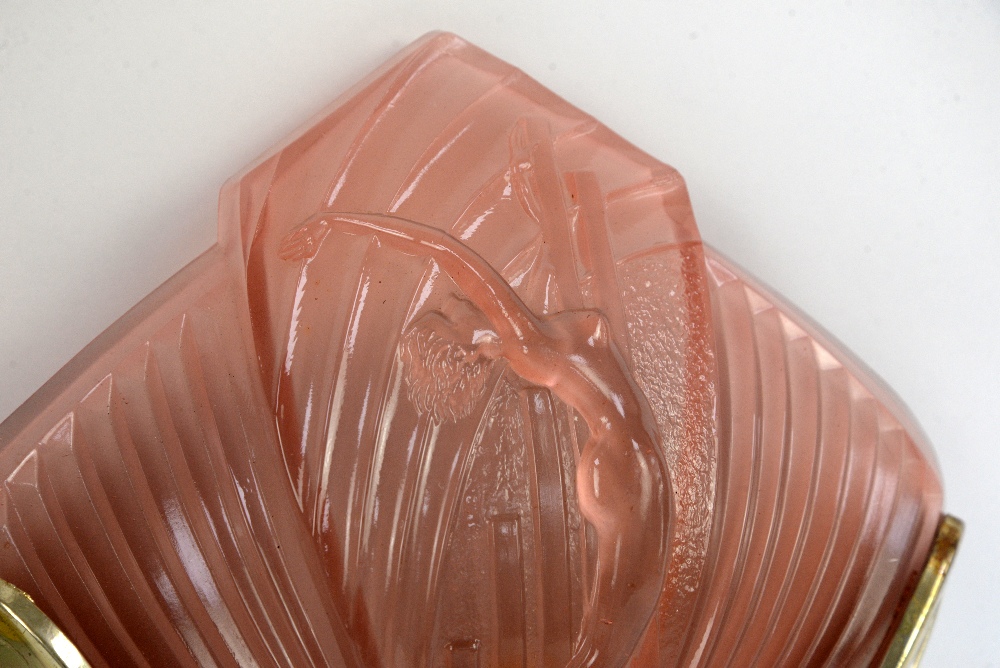 Art Deco style pair of pink glass fan shaped wall lights moulded with female nude with arms - Image 4 of 10