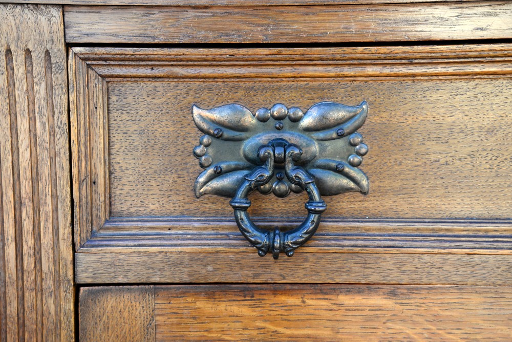 Arts and Crafts / Art Nouveau oak dresser with mirrored back on bun feet, w146 x d54, height base - Image 22 of 36