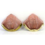 Art Deco style pair of pink glass fan shaped wall lights moulded with female nude with arms