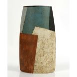 Bernard Irwin (b.1953) studio pottery elliptical vase, design in blocks of mottled white, blue,